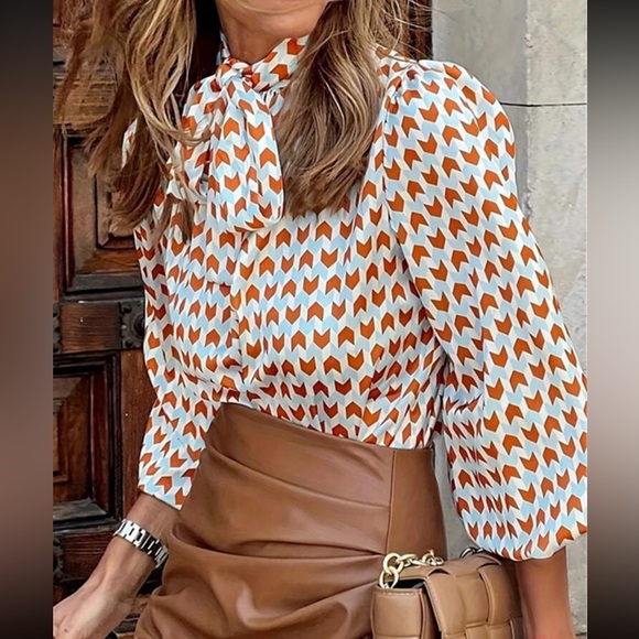 Classic Pop Art Geo Print Long Sleeve Tie Shirt Top Blouse - Picture 2 of 6